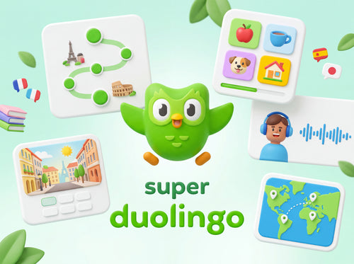 Super Duolingo artwork featuring Duo the green owl surrounded by language-learning activities.